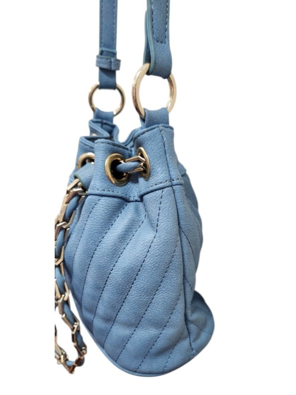 Free People Blue Faux Leather Mini Bucket Bag Gold Chain Drawstring Crossbody - Picture 7 of 14
